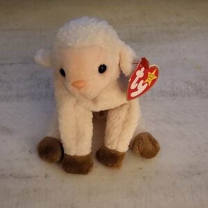 Ty Beanie Baby "Ewey" Plush Lamb with Cream and Brown Fur